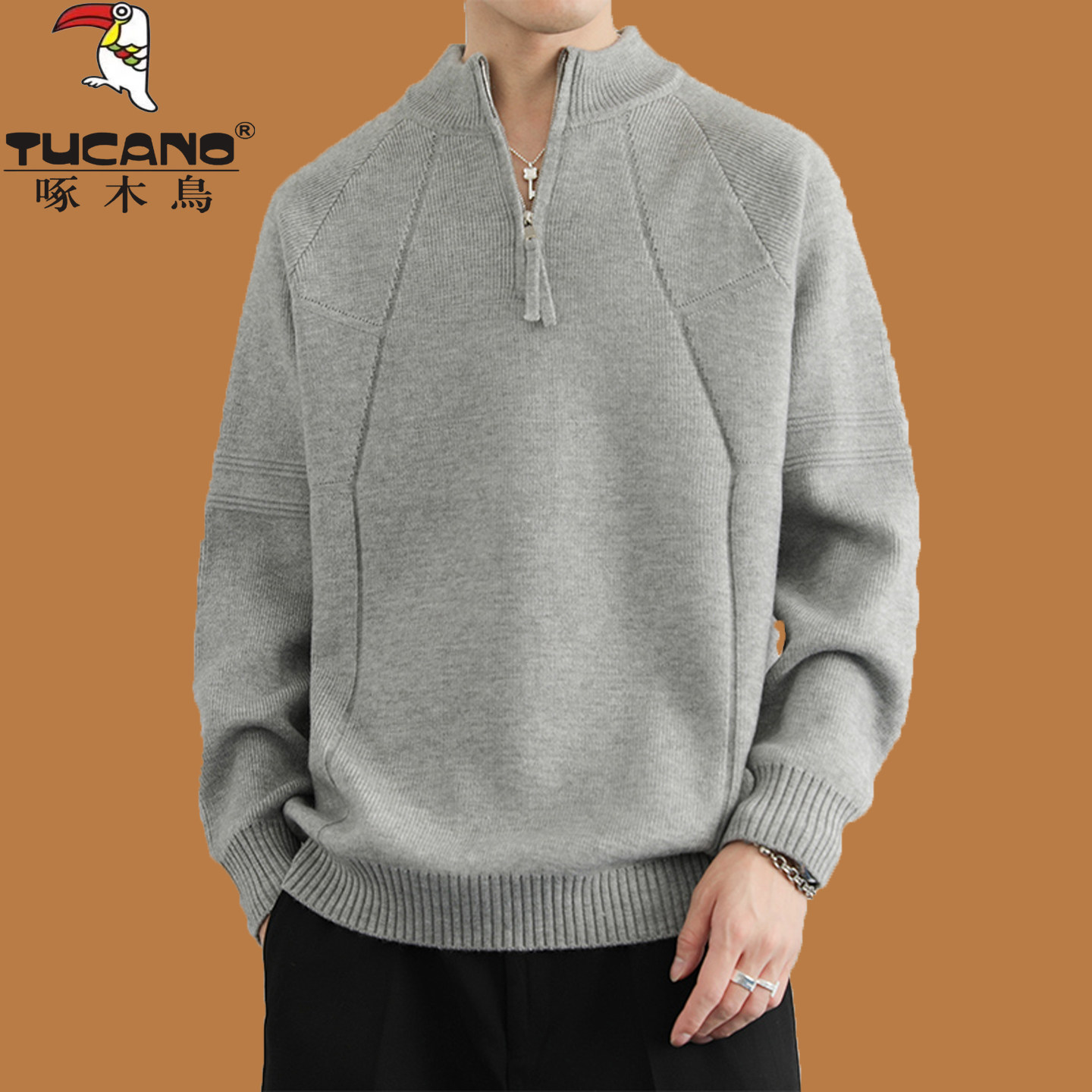 啄木鸟立领半拉链毛衣男宽松休闲针织衫青少年学生加厚款羊毛线衣
