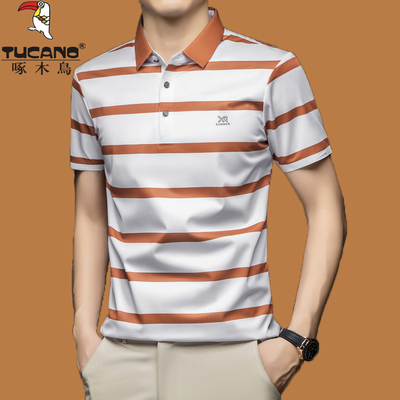 啄木鸟冰丝光棉短袖T恤男爸爸装宽松翻领polo衫百搭条纹半袖t恤潮