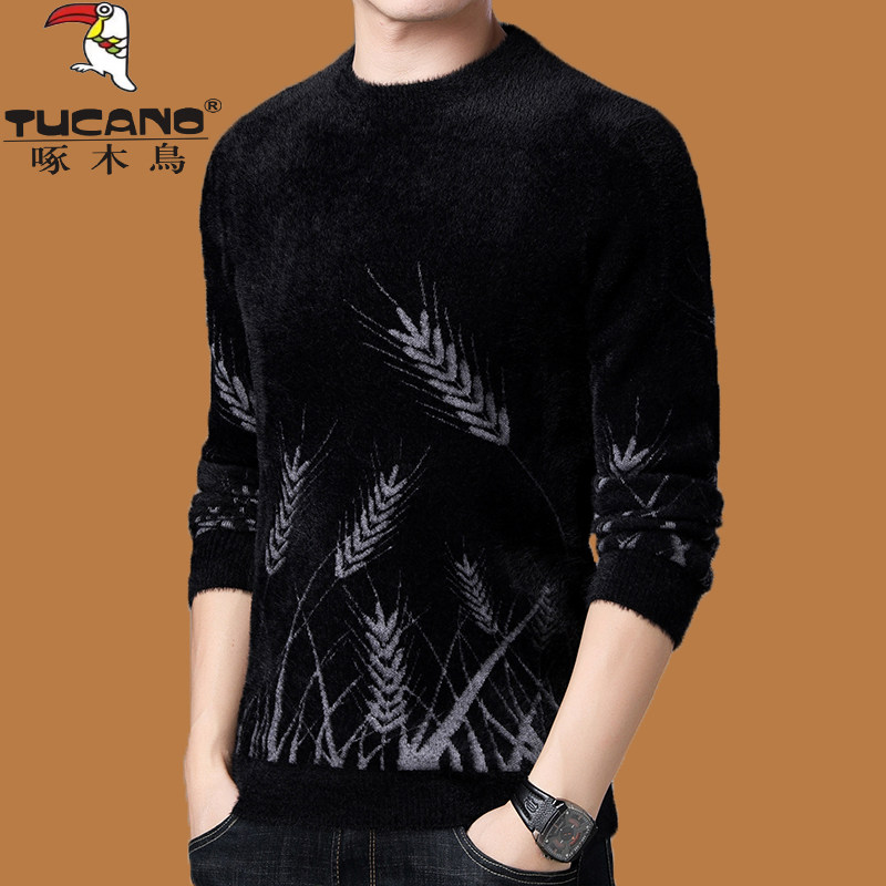 啄木鸟冬季圆领羊绒衫男士仿水貂绒毛衣加厚保暖提花针织羊毛衫潮
