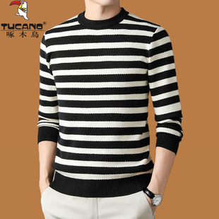 啄木鸟高端冬季圆领羊绒衫男加厚保暖条纹毛衣青年修身针织打底潮