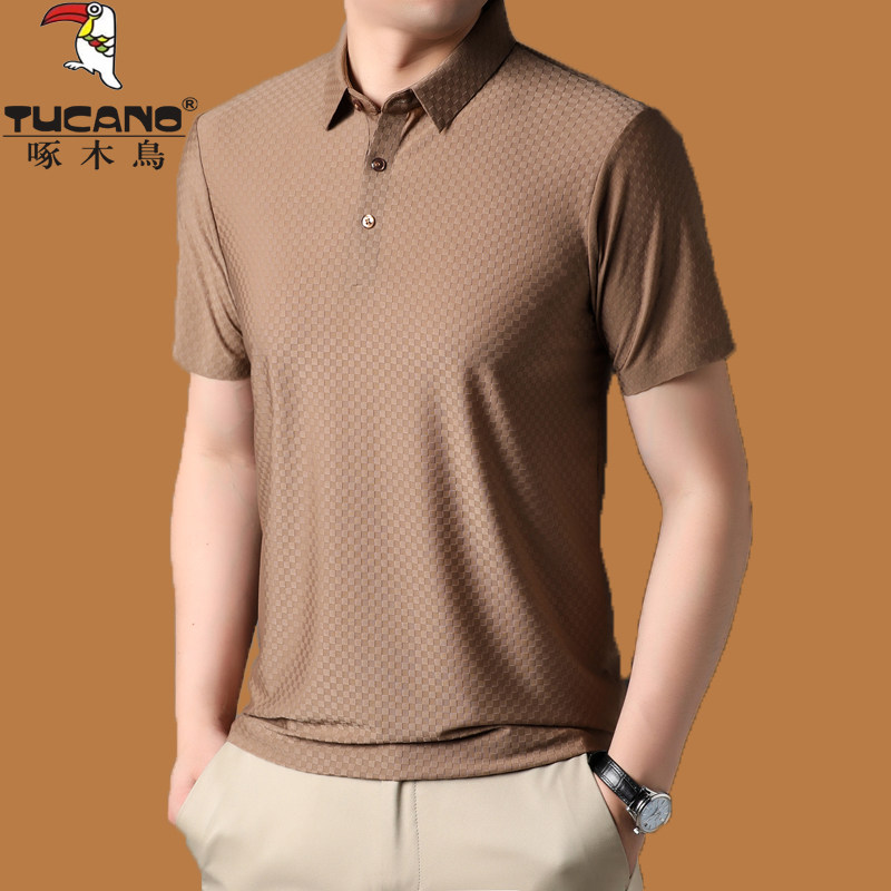 啄木鸟桑蚕丝翻领T恤男短袖薄款无痕POLO衫纯色格子高档冰丝体恤t