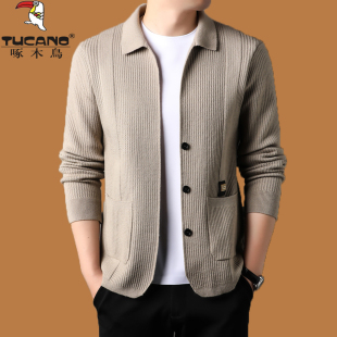 啄木鸟高级感针织羊毛开衫男士翻领毛衣外套春秋宽松薄款外穿上衣