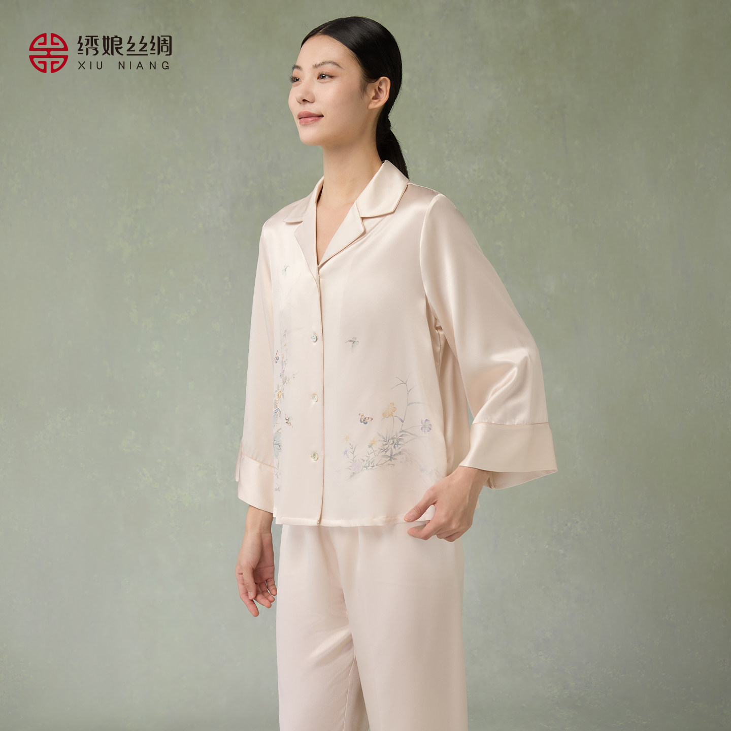 绣娘丝绸新款真丝睡衣睡裤套装宽松舒适高级感手工绣花家居服礼盒