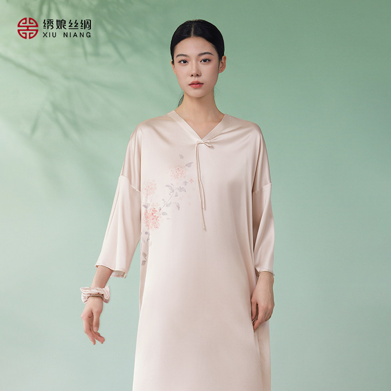 绣娘丝绸真丝睡裙高级宽松舒适新款睡衣新中式一体式家居服可外穿