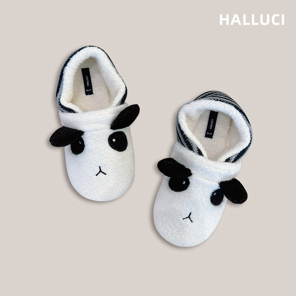 针织雪花绒拼接熊猫包跟棉鞋 松紧口卡通室内家居棉拖鞋