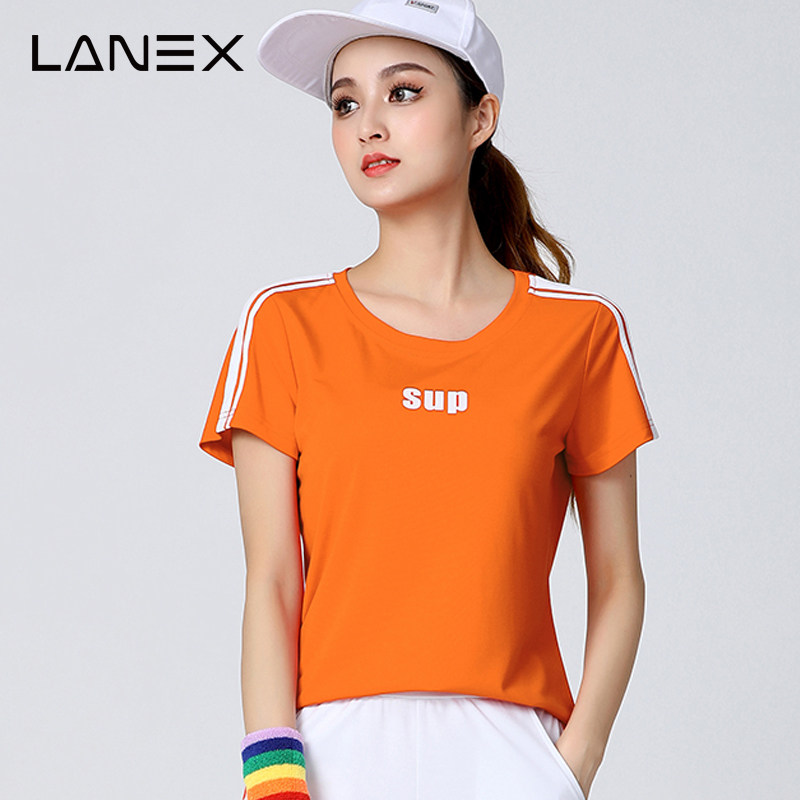 广场舞跳舞衣服夏季圆领短袖橙色上衣单件中老年健身操运动衣夏款