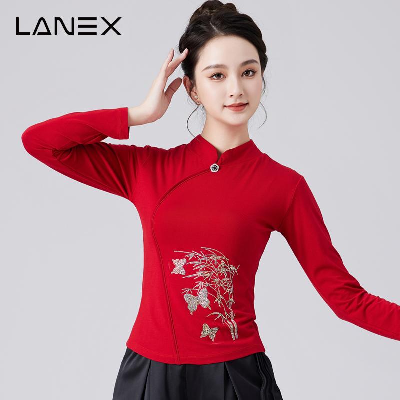 广场舞舞蹈服装红色长袖立领莫代尔上衣镶钻国风古典舞表演演出服