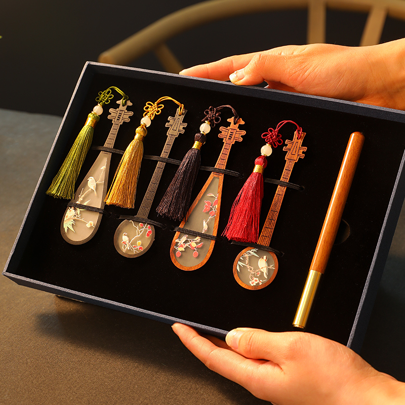 红木质树脂彩绘乐器书签礼盒高档精致定制刻字 创意古典中国风故宫博