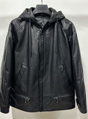 海宁新款外套男士连帽机车真皮皮衣油蜡牛皮羽绒服可拆卸羽绒内胆