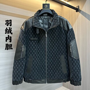 冬季新款真皮羽绒服男山羊皮羽绒夹克时尚印花短款立领羽绒外套潮