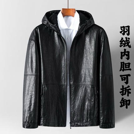 新款皮夹克外套男连帽机车真皮皮衣油蜡牛皮羽绒服可拆卸羽绒内胆