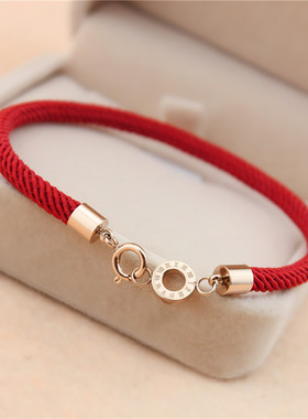 欧美百搭18k玫瑰金圆牌红绳手链本命年学生个性清新手绳生日