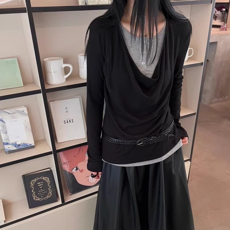奢米丽2025秋季新款时尚假两件针织上衣＋不规则高腰半身裙套装女