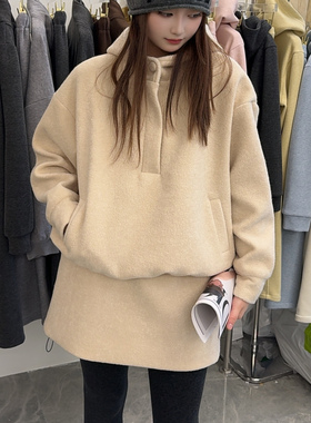 N＋正版6932冬季新款韩系连帽套头卫衣＋高腰A字裙毛呢两件套裙女