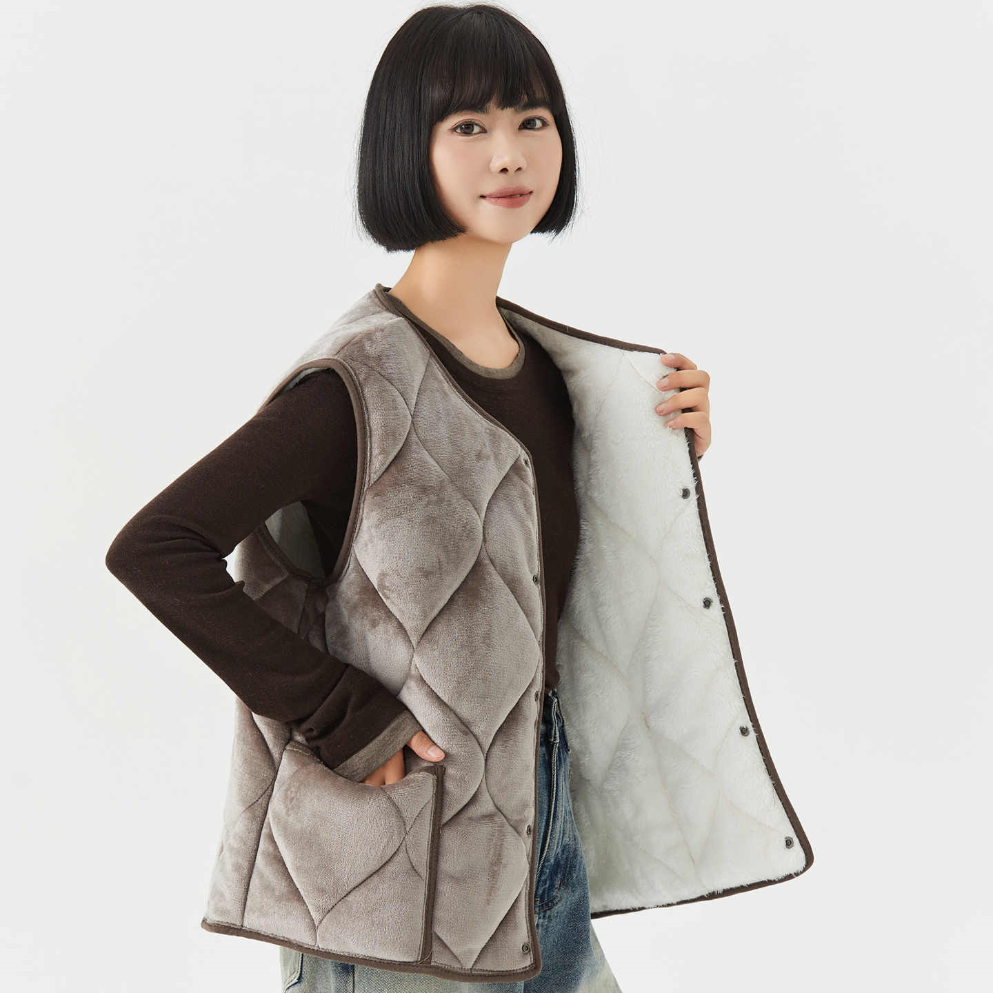 磨毛加绒保暖棉马甲女宽松内胆