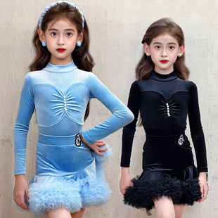 梵蒂恺少儿拉丁舞服女童练功服冬长袖丝绒舞蹈演出服拉丁舞服套装