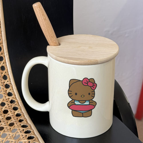 2025可爱黑皮Holle Kitty陶瓷马克水杯子带盖勺早餐杯