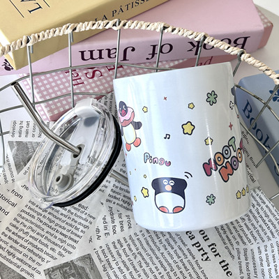 2025新款可爱pingu系列咖啡杯+叠叠杯带盖勺家用喝水杯子生日礼物