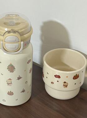 圣诞猫咪316内胆双饮盖保温杯 + 陶瓷叠叠杯，冬日圣诞风杯子 CP