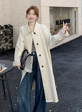 米白韩系条纹袖POLO领风衣女中长