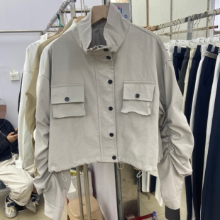 短外套女宽松休闲百搭双口袋炸街夹克潮 风立领褶皱堆堆袖 韩版 工装