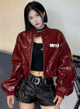 高街辣妹漆皮立领字母设计PU皮衣外套女宽松酷飒机车棒球服短夹克
