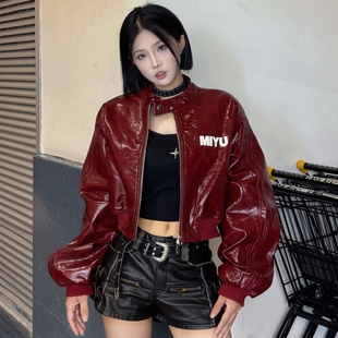 高街辣妹漆皮立领字母设计PU皮衣外套女宽松酷飒机车棒球服短夹克
