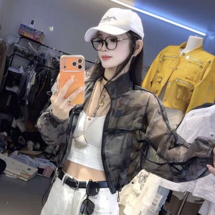 高街辣妹小众设计迷彩网眼拼接防晒衣短外套女宽松抽绳立领薄夹克