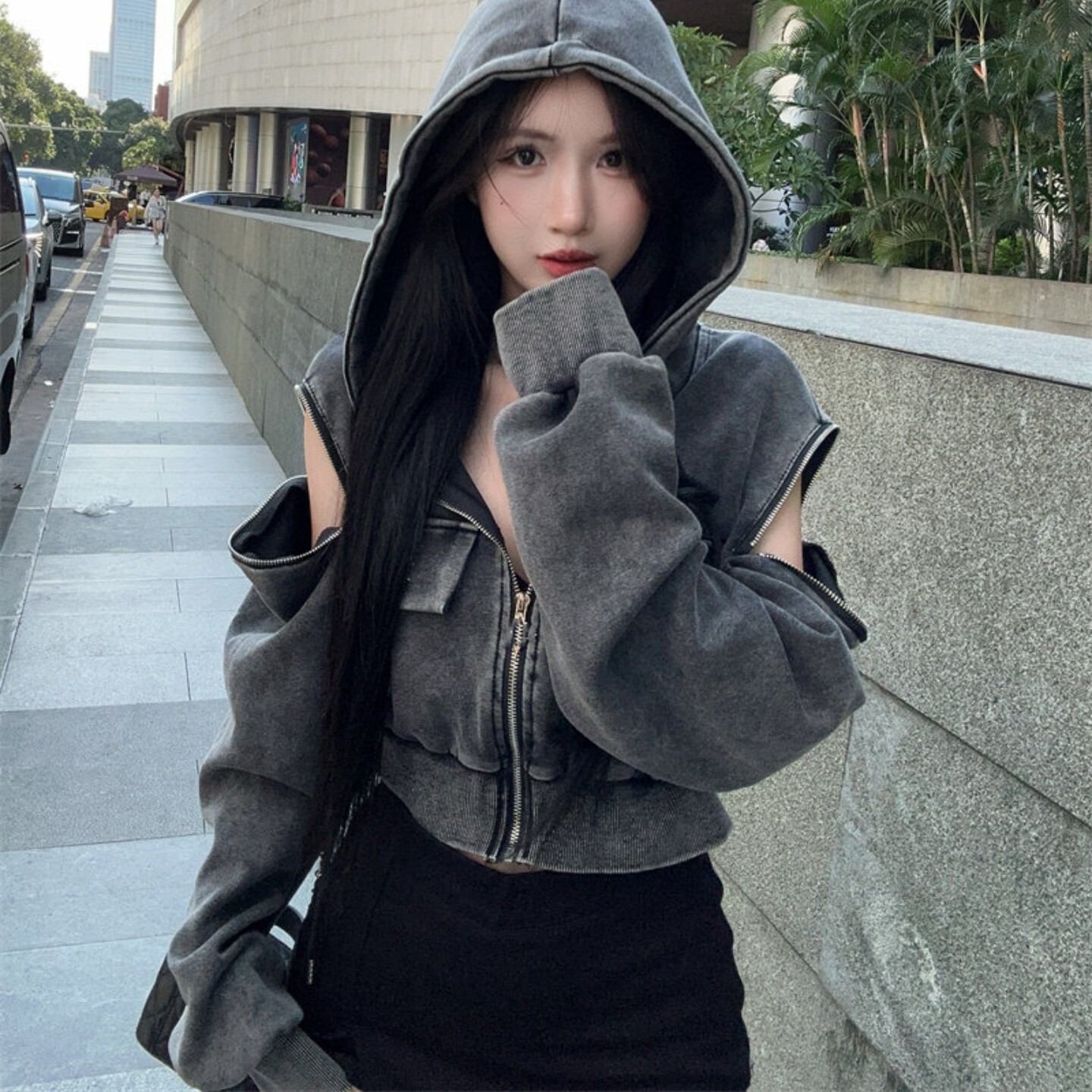 美式复古辣妹拉链露肩连帽短外套女春季新款修身显瘦洋气百搭卫衣