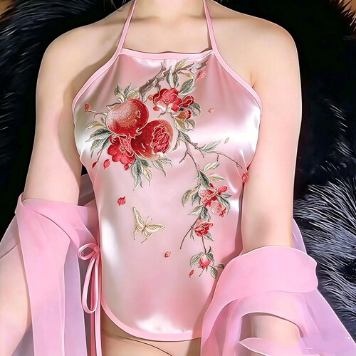 古风石榴花吊带露背仿冰丝肚兜