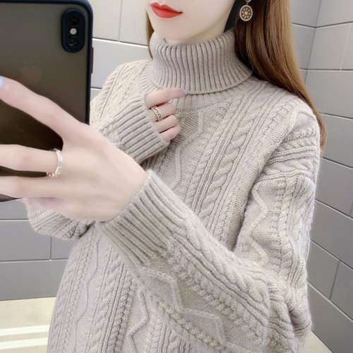 套头时尚高领宽松加厚麻花毛衣女