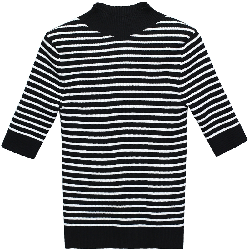 2022春秋新款修身黑白条纹丝光棉针织衫女五分中袖半高领打底上衣