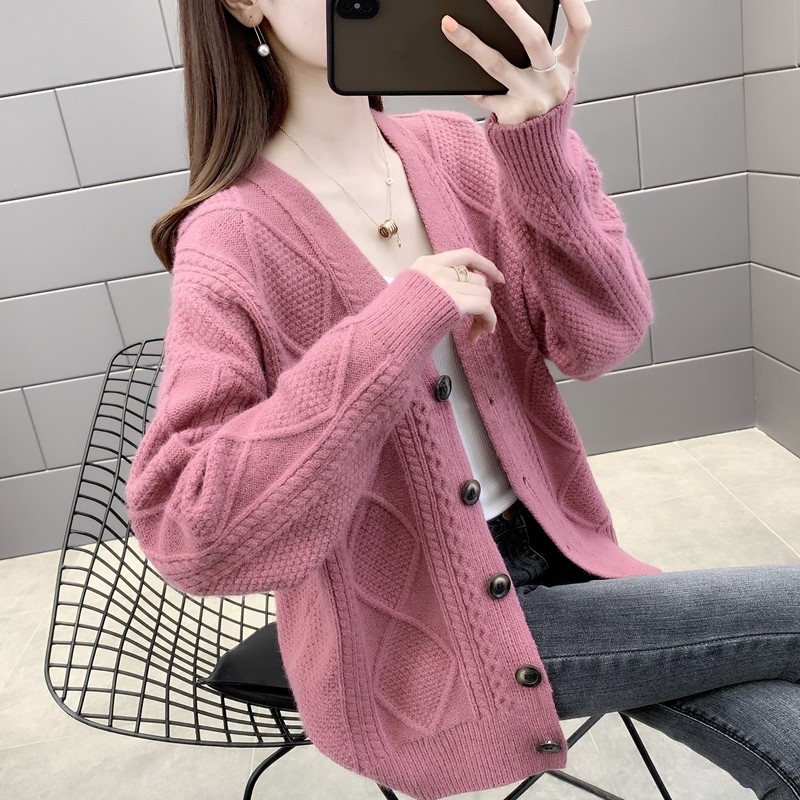 复古麻花纹毛衣外套女宽松纽扣洋气上衣2025新款针织开衫洋气百搭