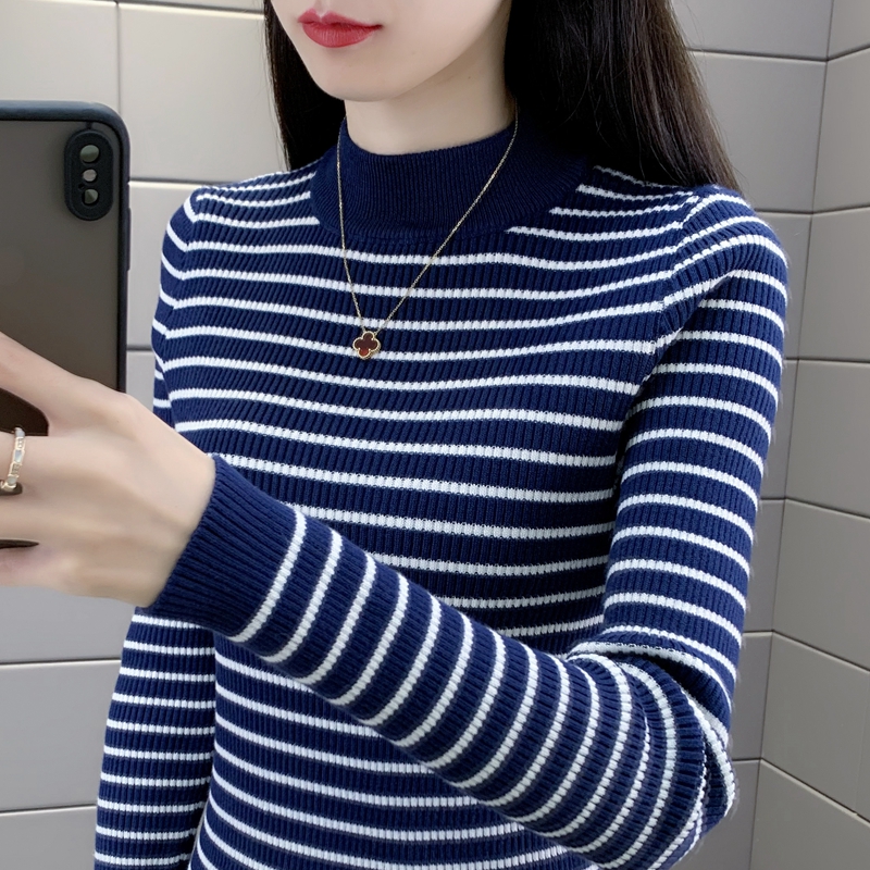 洋气加厚条纹毛衣女士半高领针织衫弹力修身时尚上衣秋冬打底衫女