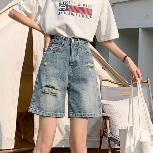 破洞牛仔短裤女2026年春夏季薄款新款高腰显瘦宽松中裤直筒五分裤