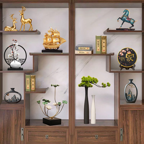 高档酒柜装饰摆件新中式禅意书房展示博古架家居客厅电视柜工艺品