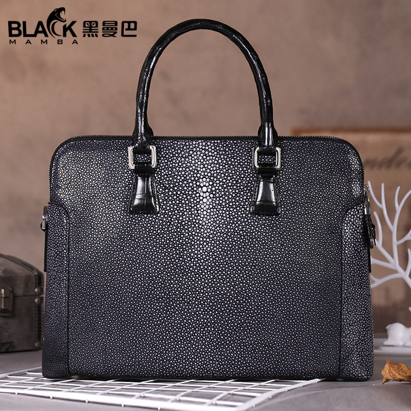 黑曼巴珍珠鱼皮男包纯皮双拉链时尚高端新款男士手提包薄魔鬼鱼