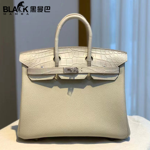 黑曼巴珍珠灰鳄鱼皮拼TOGO皮touch铂金25女士手提包银扣全手工包
