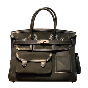 黑曼巴全手工缝休闲cargo帆布包铂金35CM大号女士手提包黑色银扣