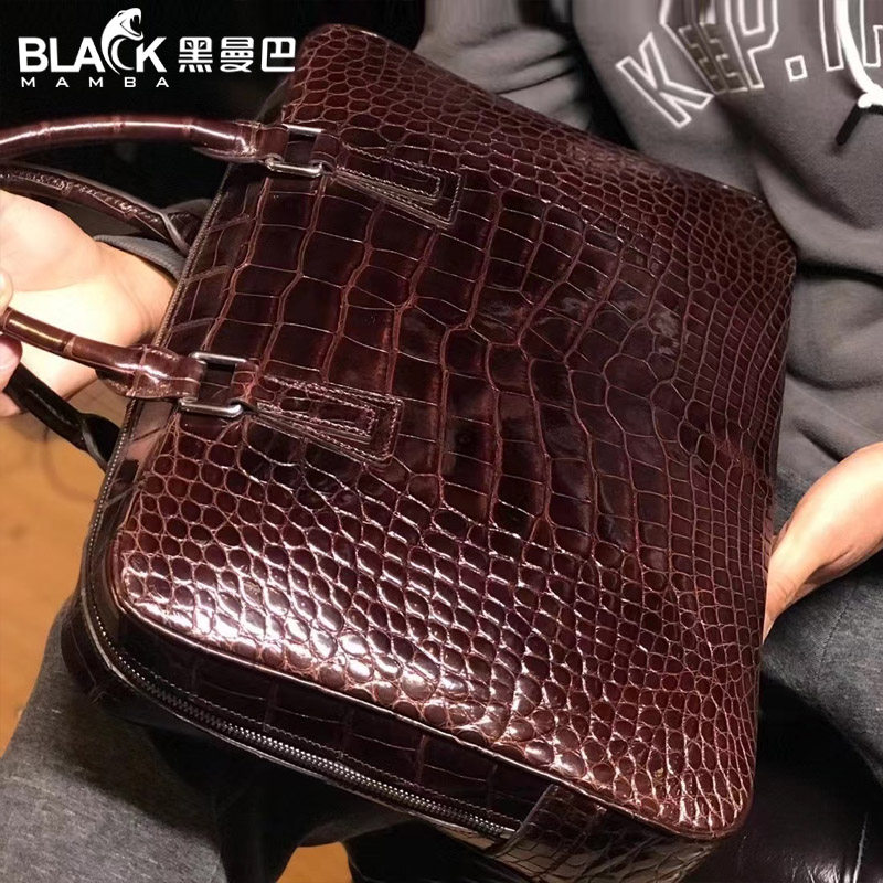 黑曼巴进口高光美洲短吻鳄鱼皮肚皮公文包男士手提商务男包奢侈