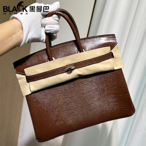 进口蜥蜴皮巧克力色铂金包25Cm女士手提包高档女包全手工内缝时尚