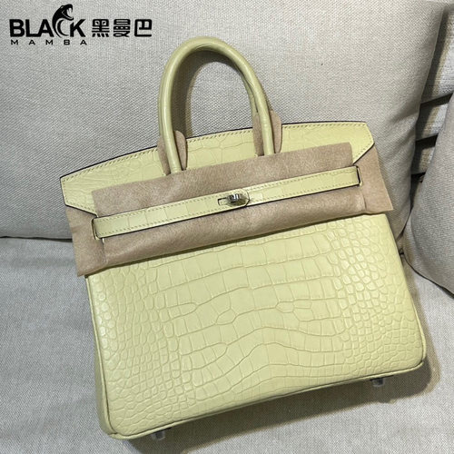 香草色雾面美洲鳄鱼皮BK铂金包25全手工缝女包真皮高档内缝银扣