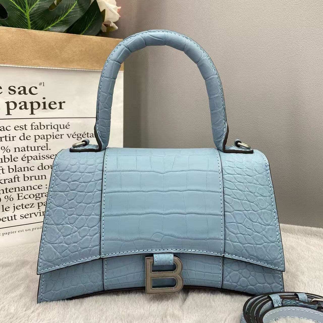 鳄鱼皮肚皮女士小号手提包磁扣高档时尚真皮女包沙漏包斜挎亚麻蓝