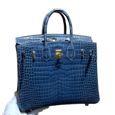 牛仔蓝倒V高光湾鳄鳄鱼皮BK铂金包25CM女士手提包全手工缝金扣