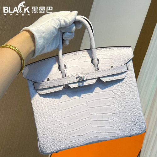 梦幻粉紫雾面美洲鳄鱼皮BK铂金包25Cm全手工缝包银扣女士手提包