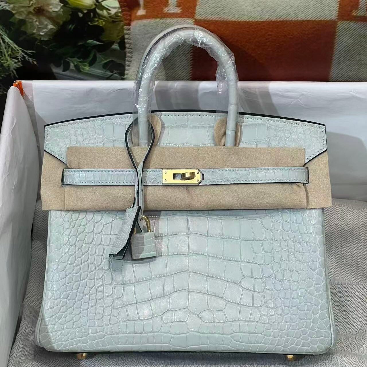 水晶灰雾面方块美洲鳄鱼皮BK铂金包25女士手提包纯手工女包夏季包