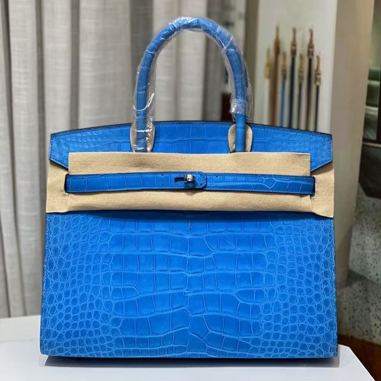 蓝染雾面哑光方块进口美洲鳄鱼皮BK铂金包30女士手提包纯手工外缝