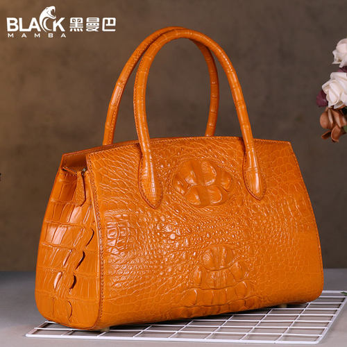 黑曼巴骨皮鳄鱼皮女包高档真皮女士手提包橙色单拉链通勤大容量包