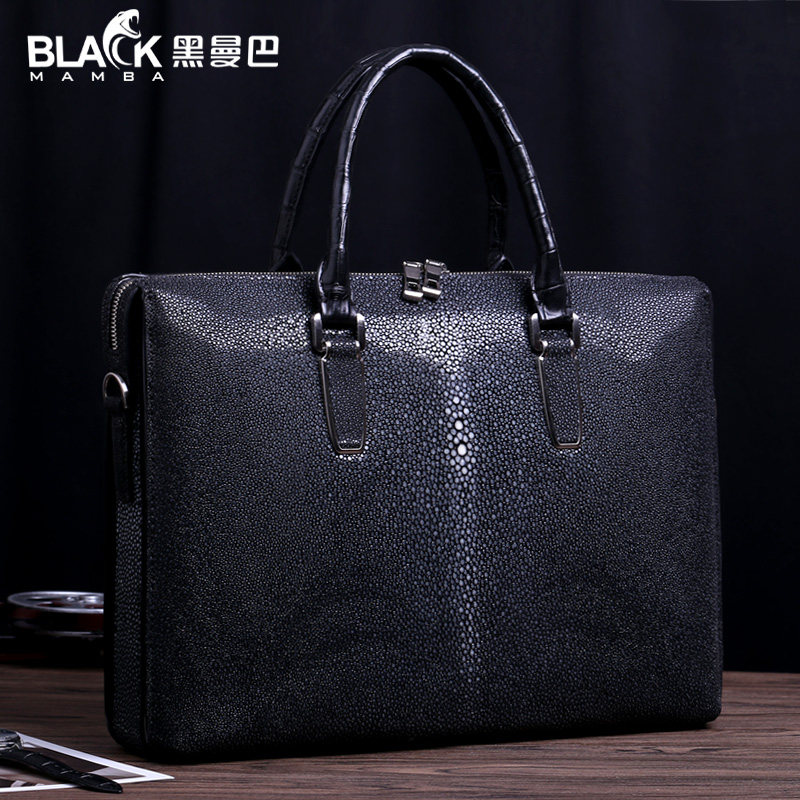 黑曼巴珍珠鱼皮手提包男士商务律师公文包时尚魔鬼鱼纯皮真皮男包