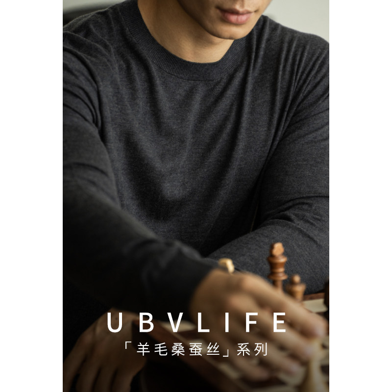 UBV老钱风羊毛桑蚕丝16针进口机男针织长袖T恤2026秋冬毛衣打底衫
